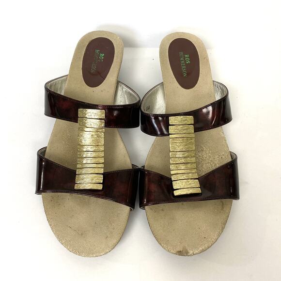 Ros Hommerson Sandals 9 M Brown Tortoise Patent Leather Gold Trim Open Toe Wedge - Picture 2 of 9